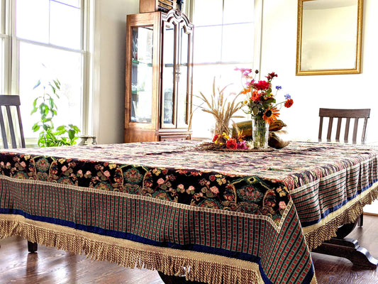 Black Ornate Paisley Woven Tapestry Tablecloth