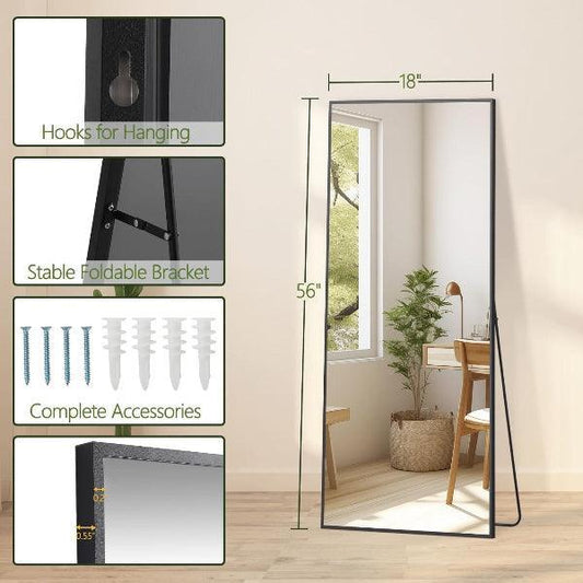 MELOMOIR Full Length Mirror, Floor Mirror with Stand Hanging or Leaning, Aluminum Alloy Frame Full Body Mirror for Bedroom Living Room Cloakroom Hallway, Wall Mirror Full Length, Black