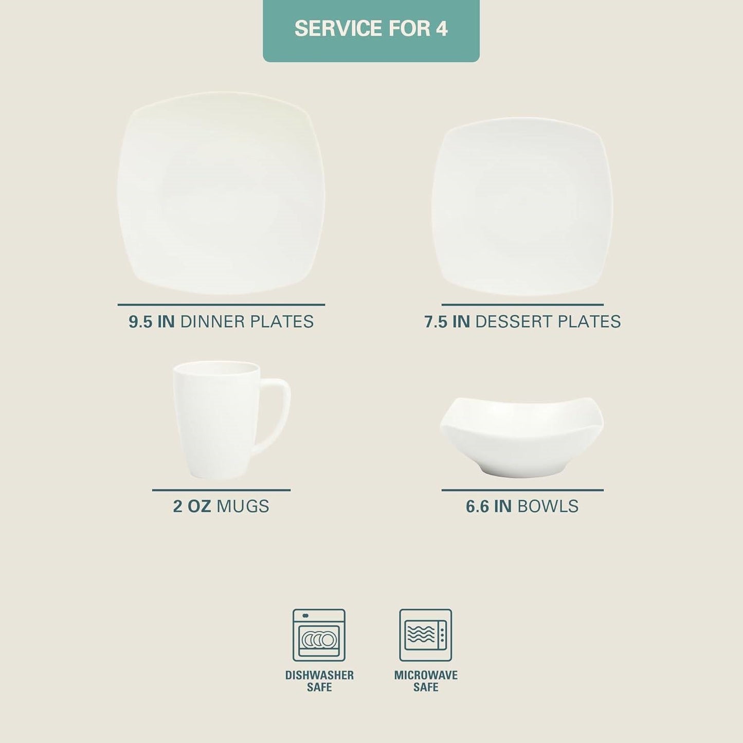 Square Porcelain Dinnerware Set - Service for 4