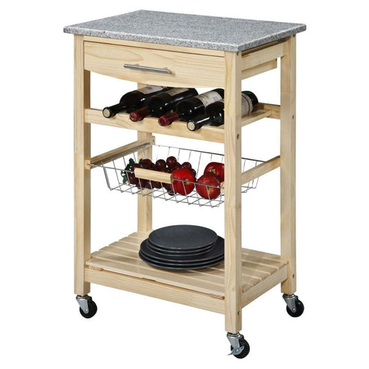 Natural Wood Kitchen Island Cart with Granite Top