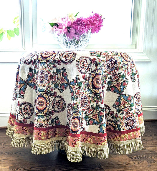 Ivory Colorful Ornate Paisley Woven Tablecloth