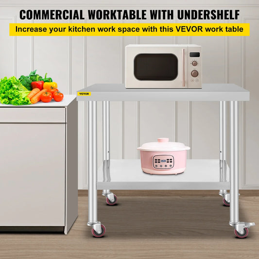 Stainless Steel Kitchen Prep Table With 4 Wheels & Backsplash
