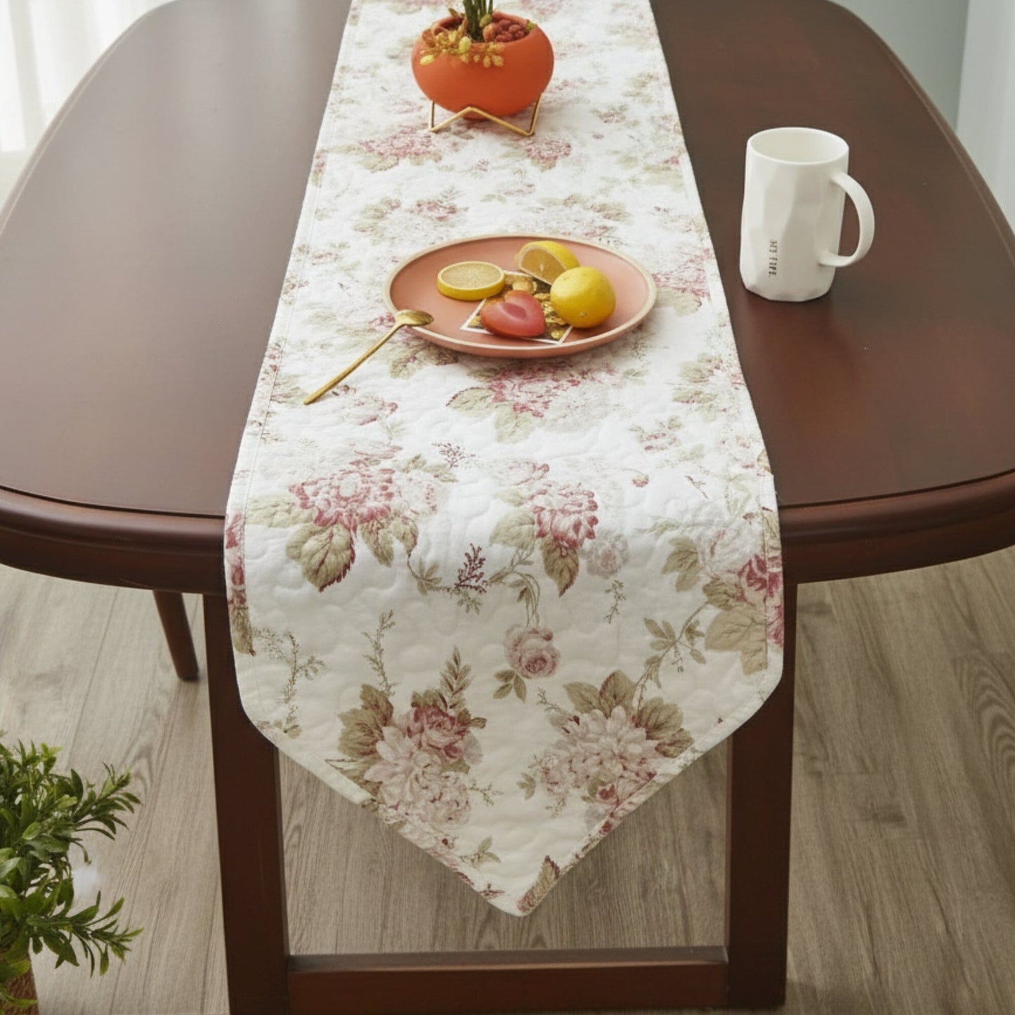 Cottage Floral Roses Quilted Cotton Dining Table Runner