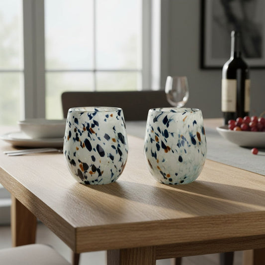 Hand-Blown Mexican Stemless Wine Glass w/ Blue Design