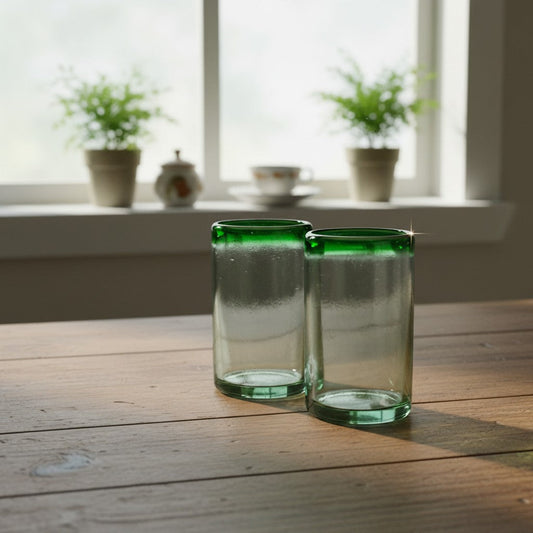Hand-Blown Mexican Tumbler Glass w/ Green Rim