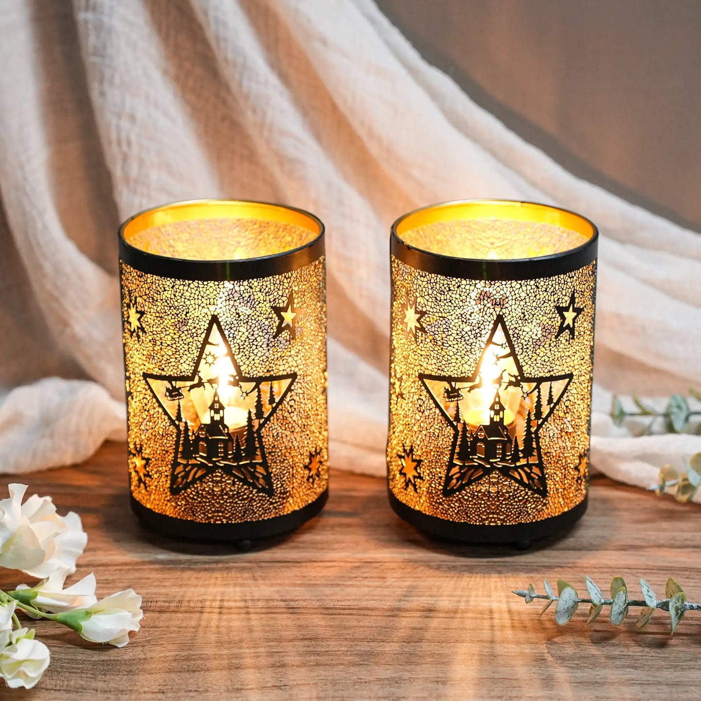 12PCS Etched Star lamp Battery Operated 6.5" H Bronze Metal Lamp with 6H Timer