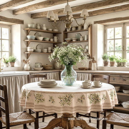French Provencal tablecloth - Cotton, natural or acrylic-coated - 70" round, cream