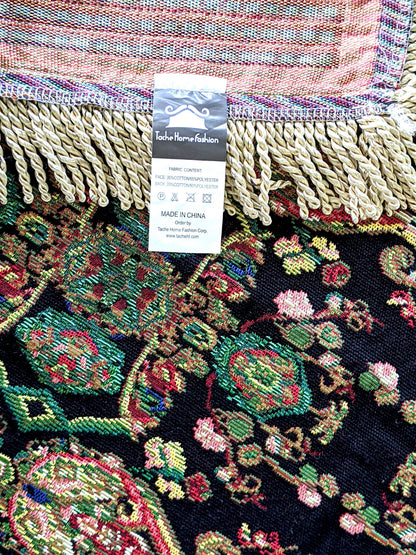 Black Ornate Paisley Woven Tapestry Tablecloth