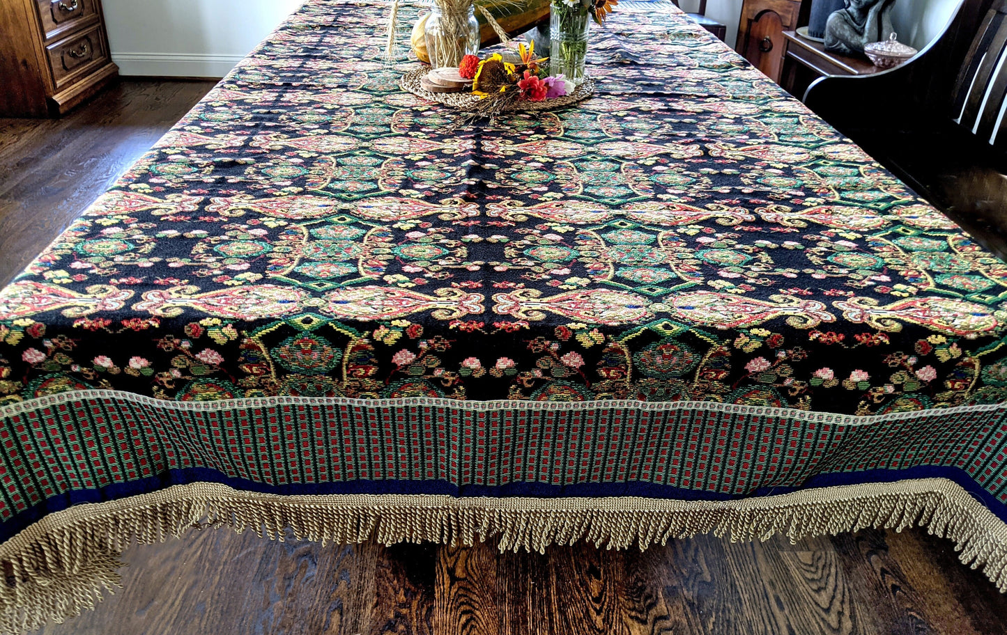 Black Ornate Paisley Woven Tapestry Tablecloth