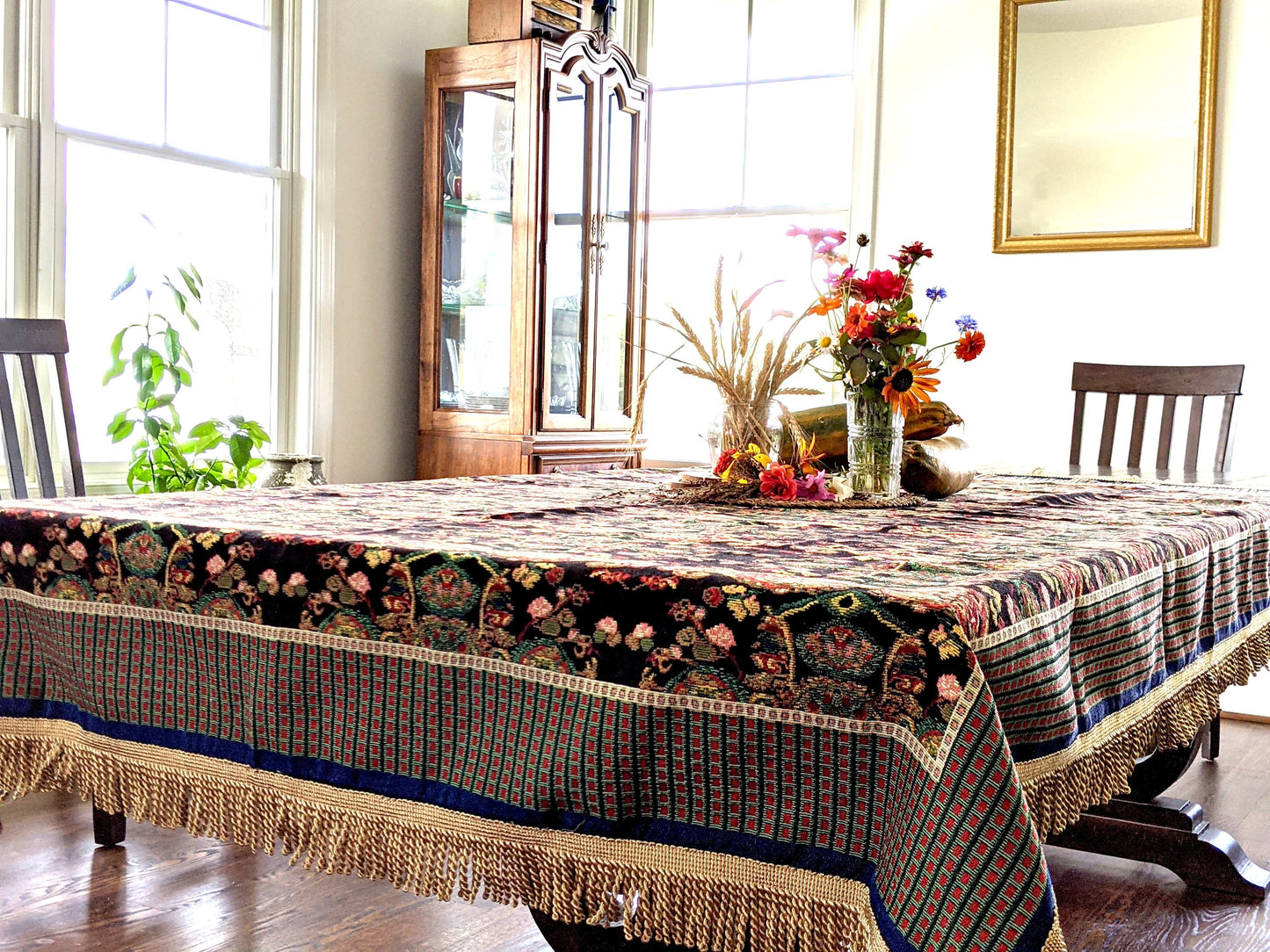 Black Ornate Paisley Woven Tapestry Tablecloth