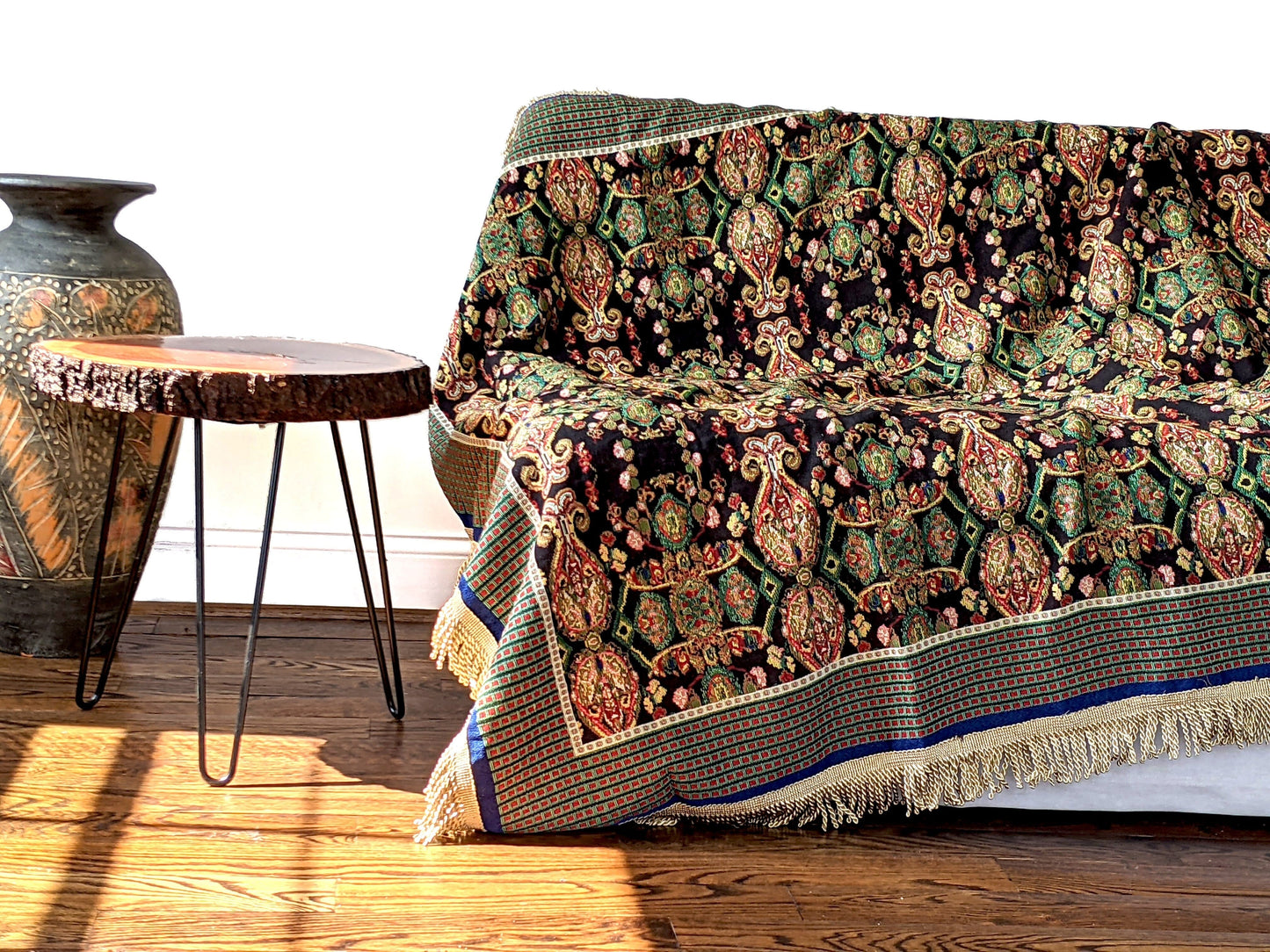 Black Ornate Paisley Woven Tapestry Tablecloth