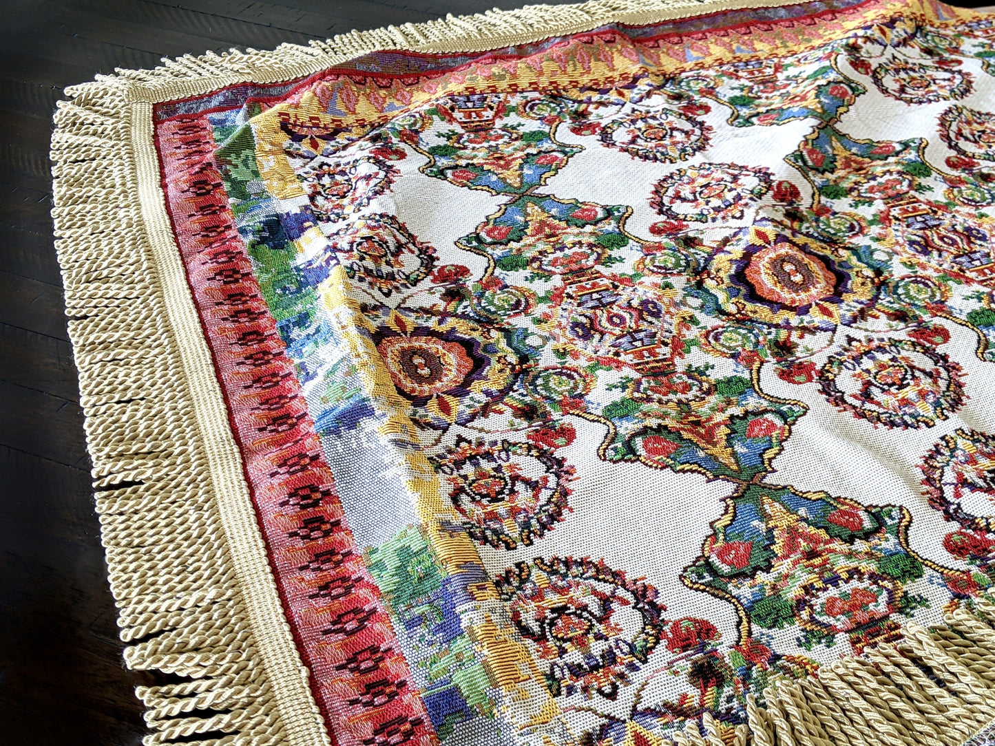 Ivory Colorful Ornate Paisley Woven Tablecloth