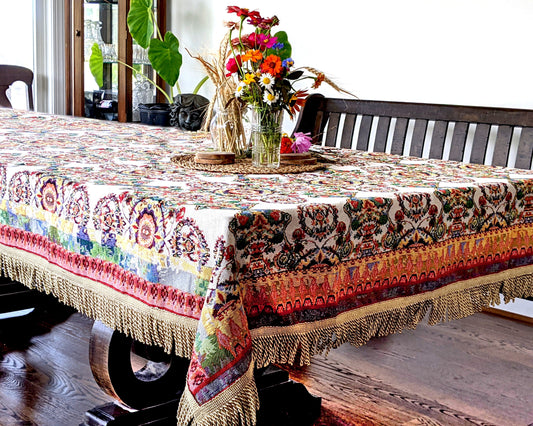 Ivory Colorful Ornate Paisley Woven Tablecloth