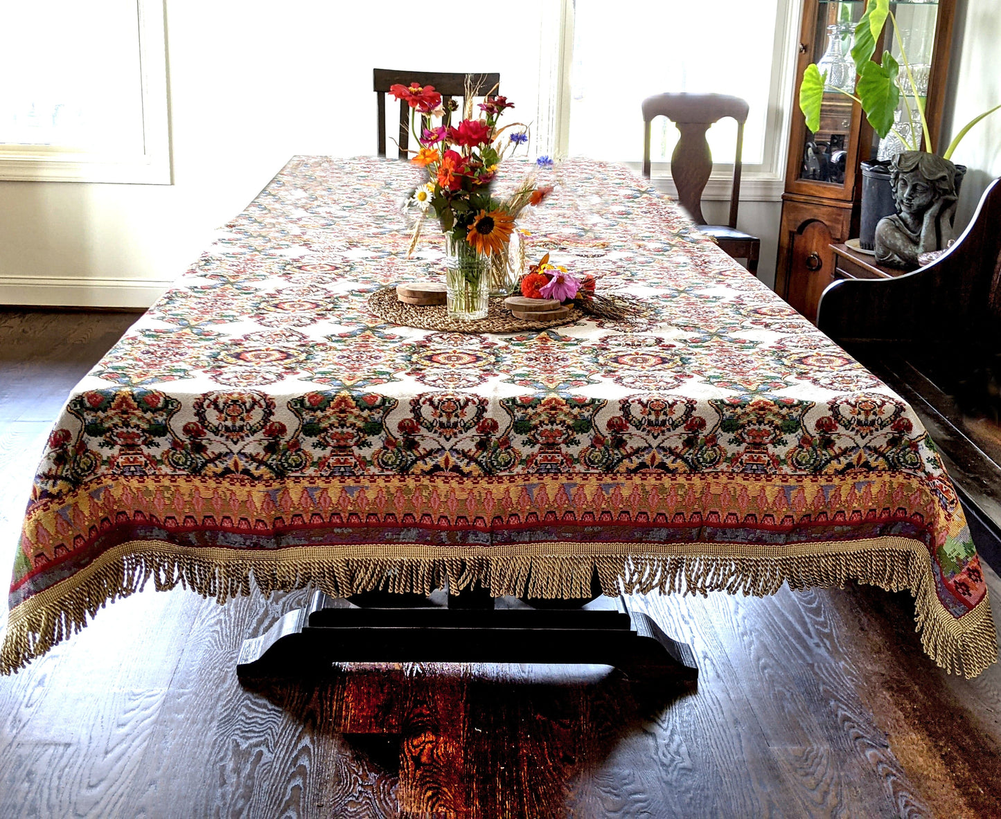 Ivory Colorful Ornate Paisley Woven Tablecloth