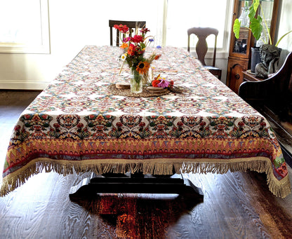 Ivory Colorful Ornate Paisley Woven Tablecloth