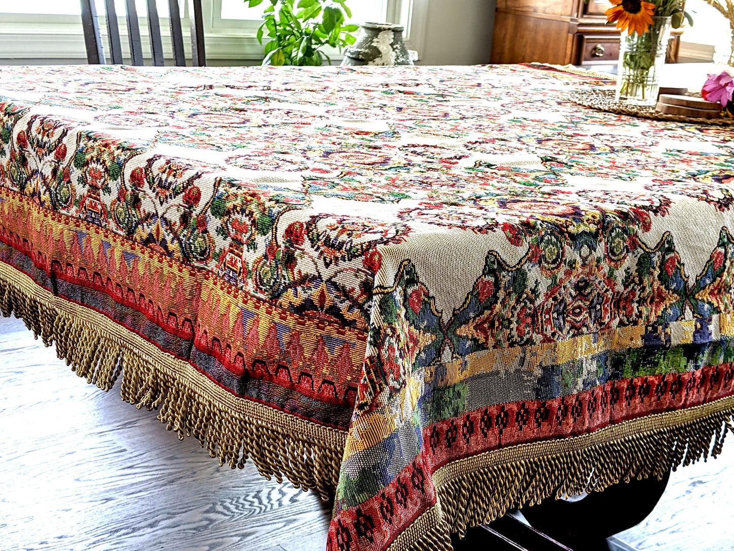 Ivory Colorful Ornate Paisley Woven Tablecloth