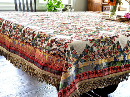 Ivory Colorful Ornate Paisley Woven Tablecloth