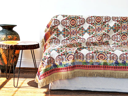 Ivory Colorful Ornate Paisley Woven Tablecloth