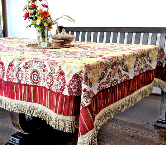 Burgundy Ornate Paisley Woven Tapestry Tablecloth