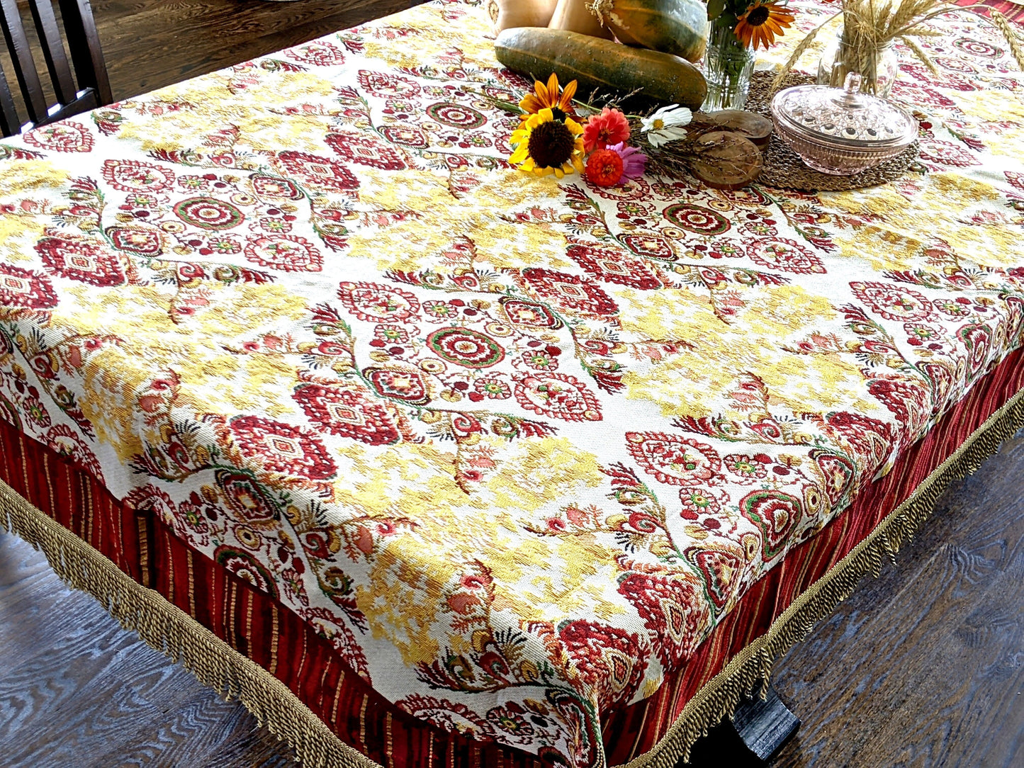 Burgundy Ornate Paisley Woven Tapestry Tablecloth