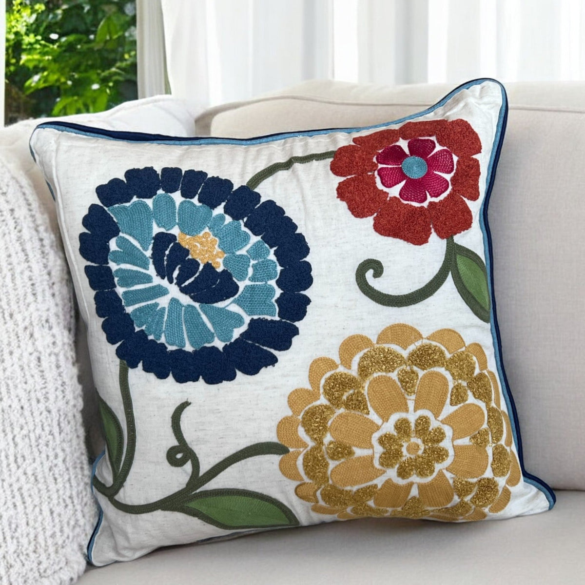 18x18" Embroidered Floral Boho Floral Throw Pillow Decorative Cover