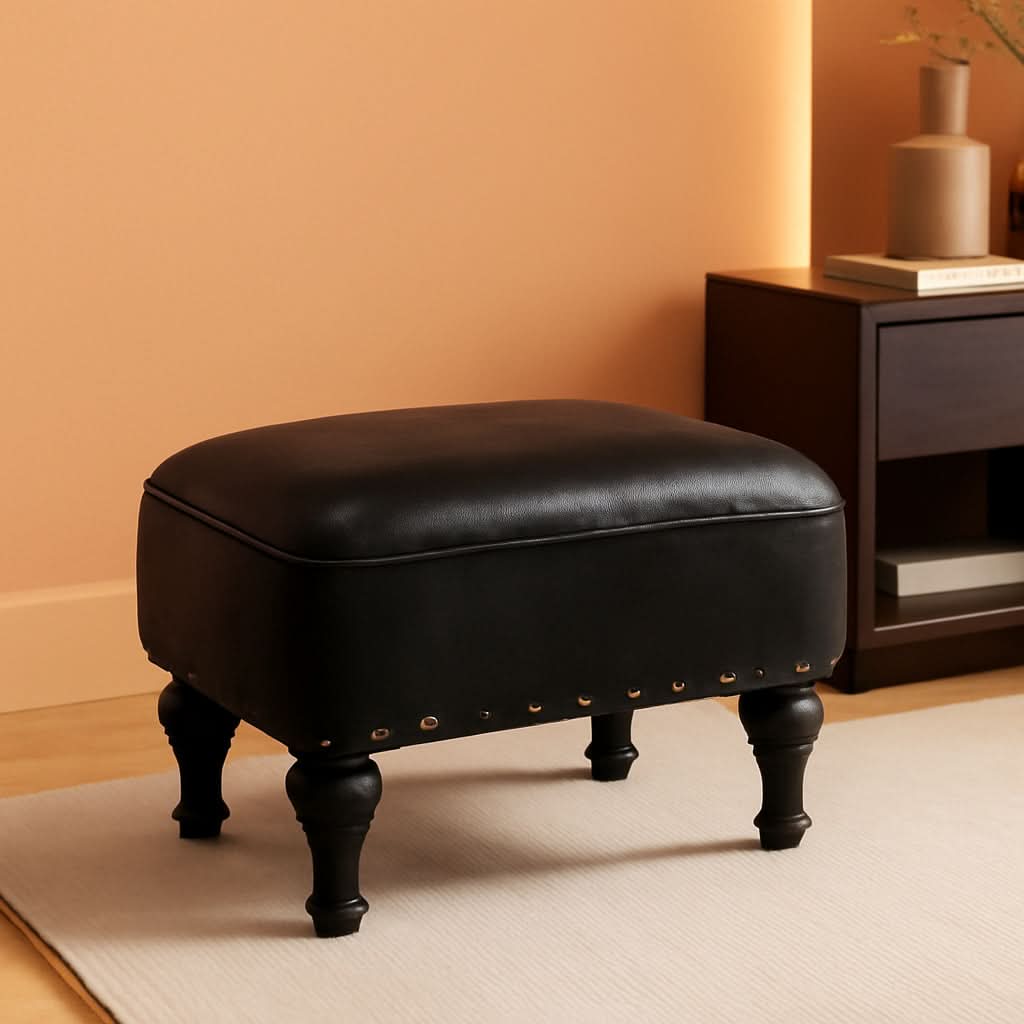Black Leather Footstool