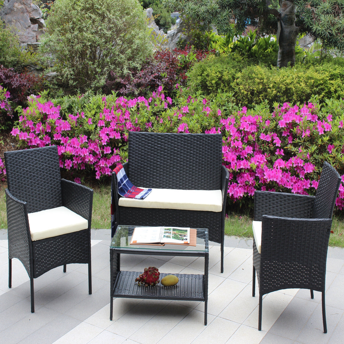 4 PC Rattan Patio Furniture Set Outdoor Cushioned Wicker Sofa