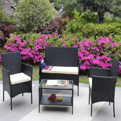 4 PC Rattan Patio Furniture Set Outdoor Cushioned Wicker Sofa
