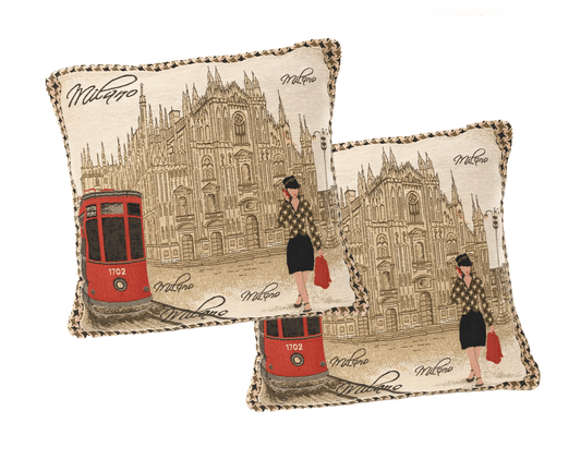 Set of 2-Pieces Postcard Milan Tapestry Throw Pillow Covers w/ Inserts, 18" x 18"