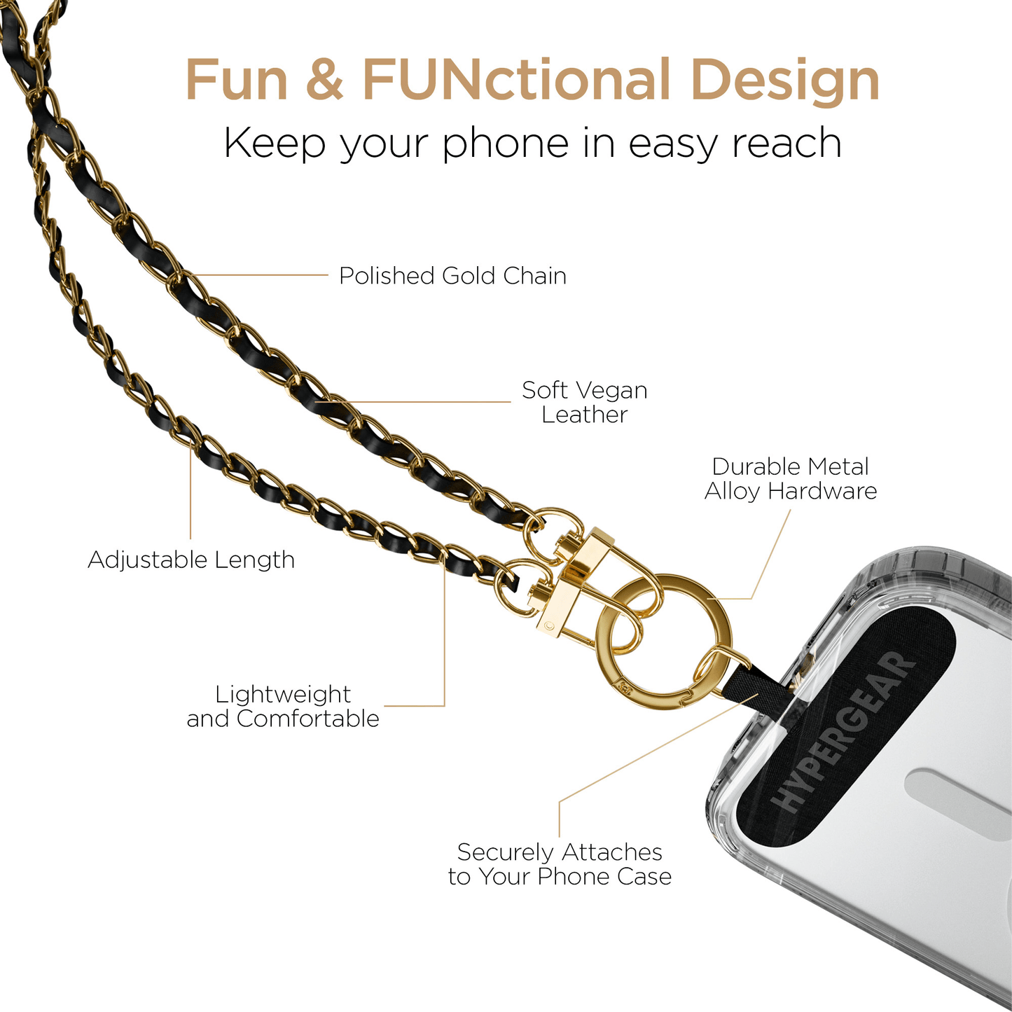 Gold Chain with Black Vegan Leather Crossbody Phone Strap