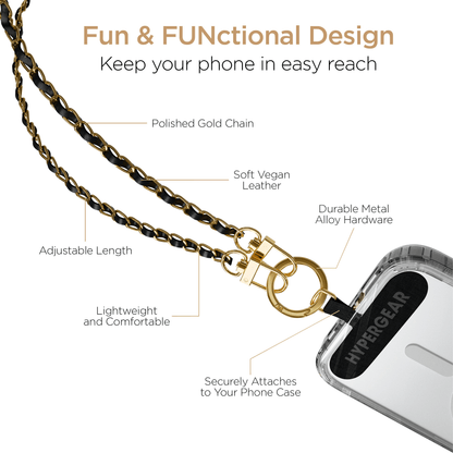 Gold Chain with Black Vegan Leather Crossbody Phone Strap