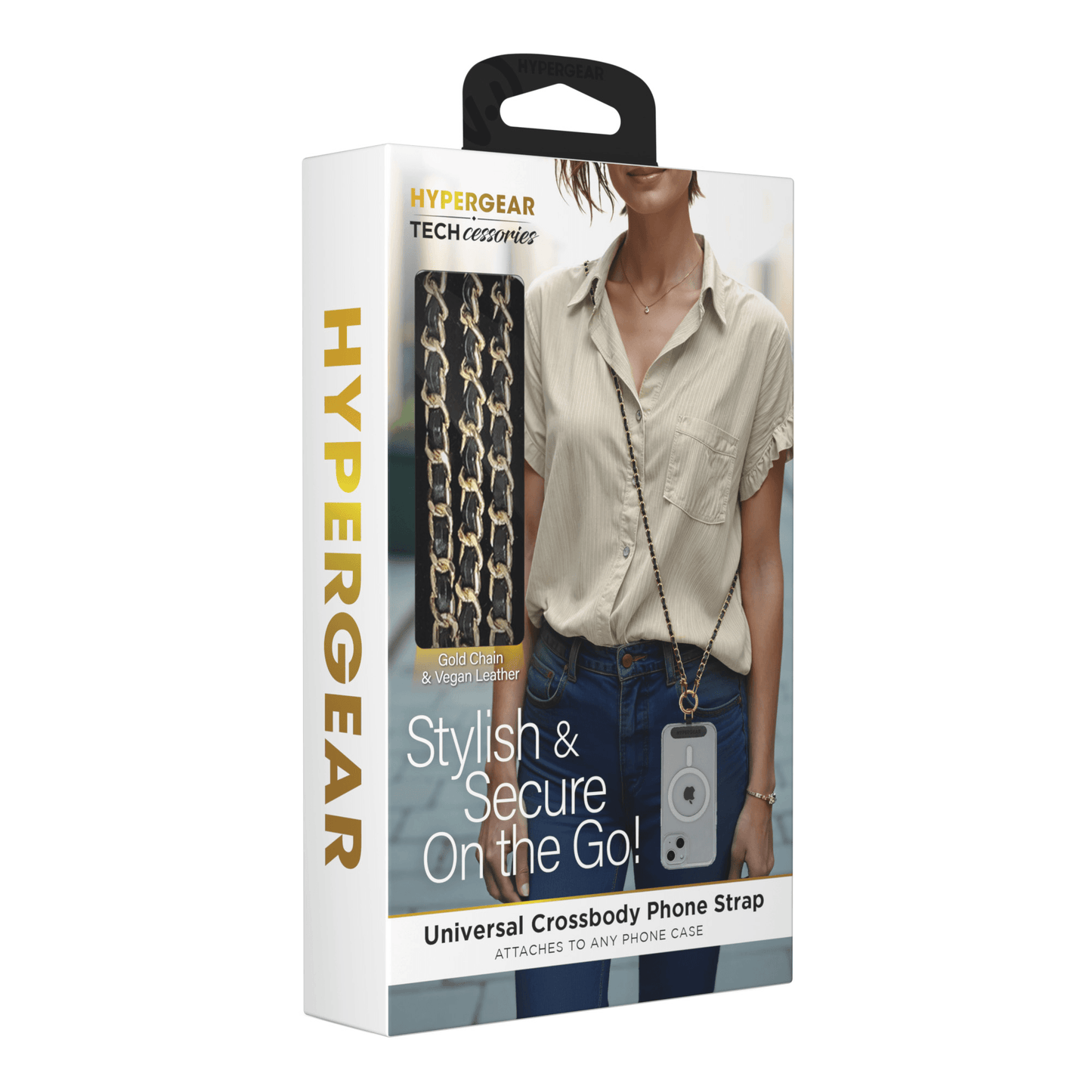 Gold Chain with Black Vegan Leather Crossbody Phone Strap