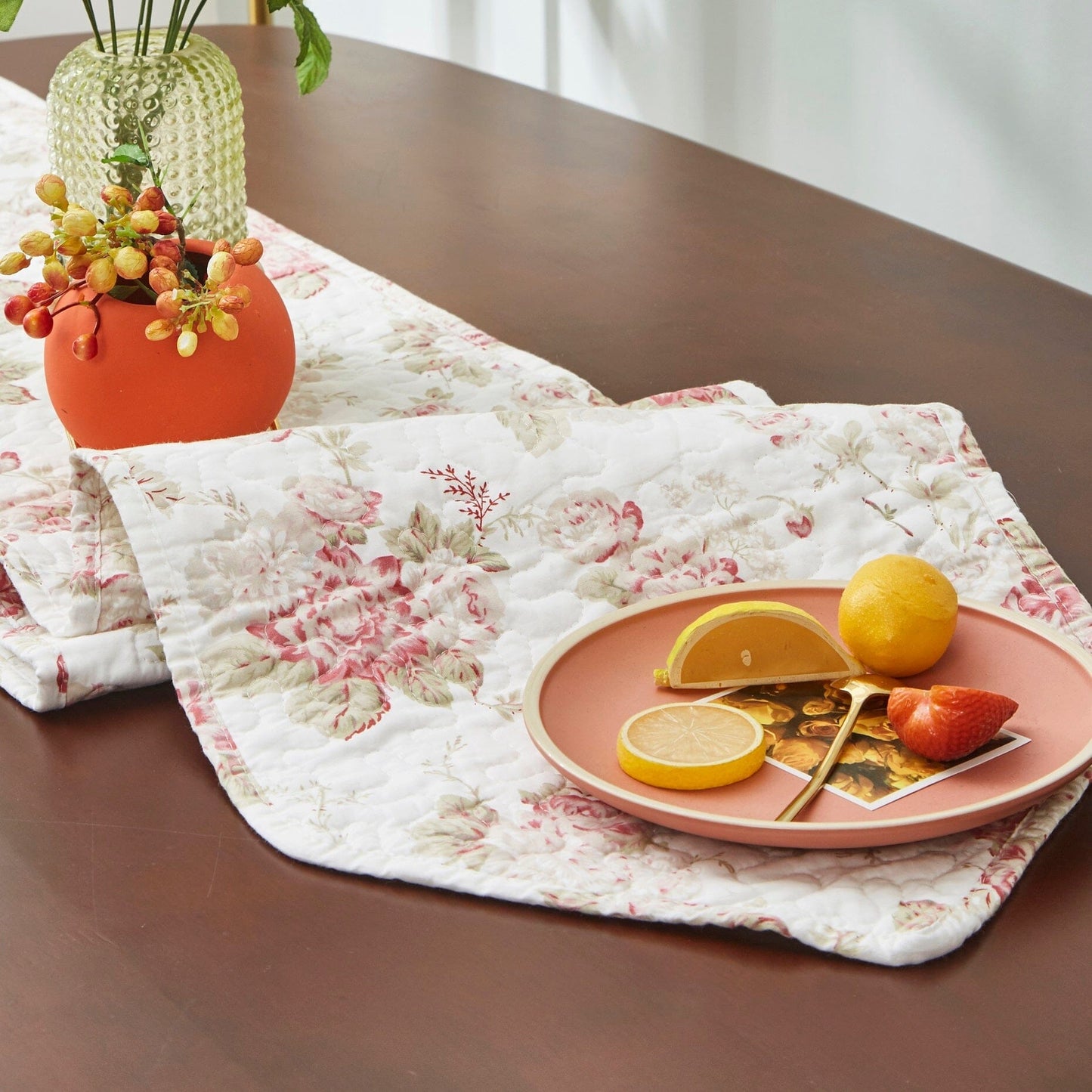 Cottage Floral Roses Quilted Cotton Dining Table Runner