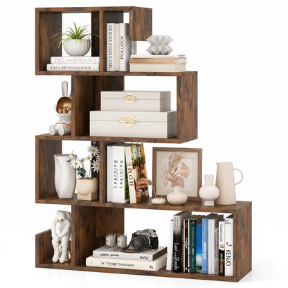 5-Tier S-Shaped Bookshelf with Open Cubes - Rustic Brown