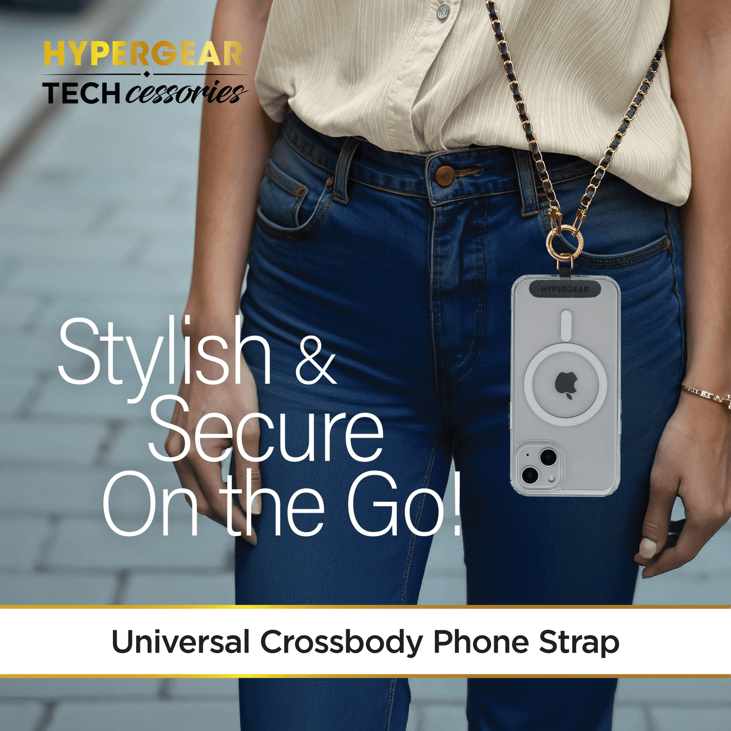 Gold Chain with Black Vegan Leather Crossbody Phone Strap