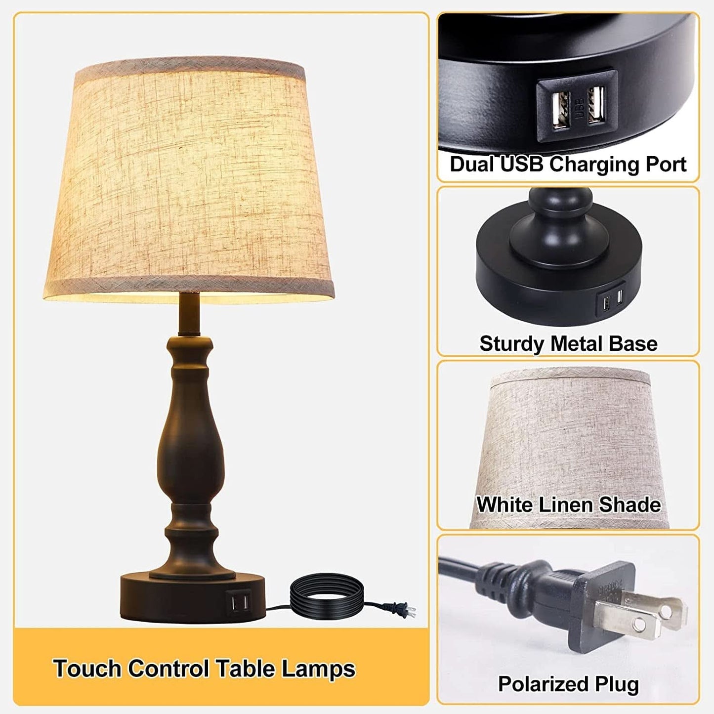 Set of 2 Lamps W/ USB Charging Ports