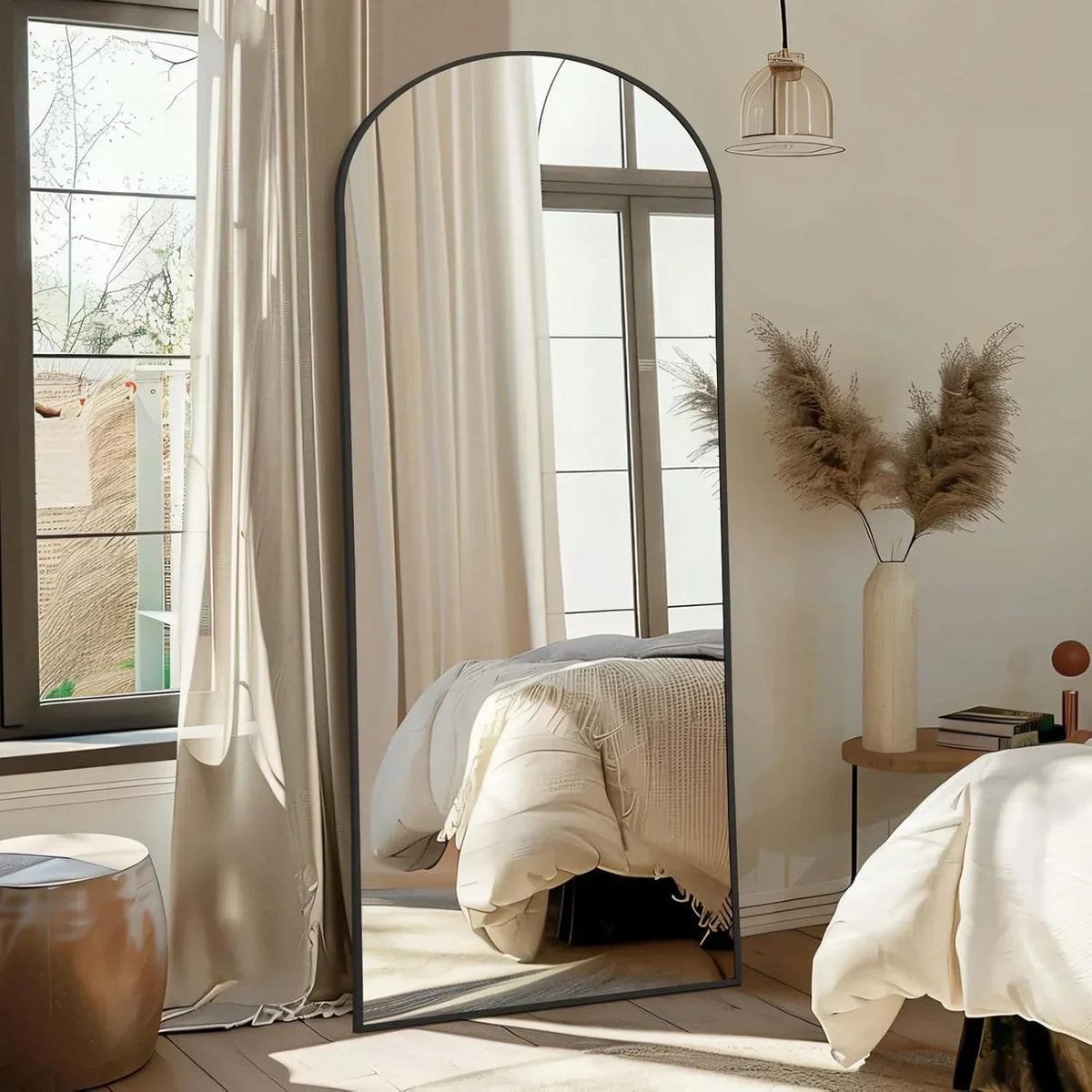 MELOMOIR Arched Floor Mirror, Leaning Hanging Mirror with Aluminum Frame, for Living Room, Bedroom, Cloakroom, Hallway, Black