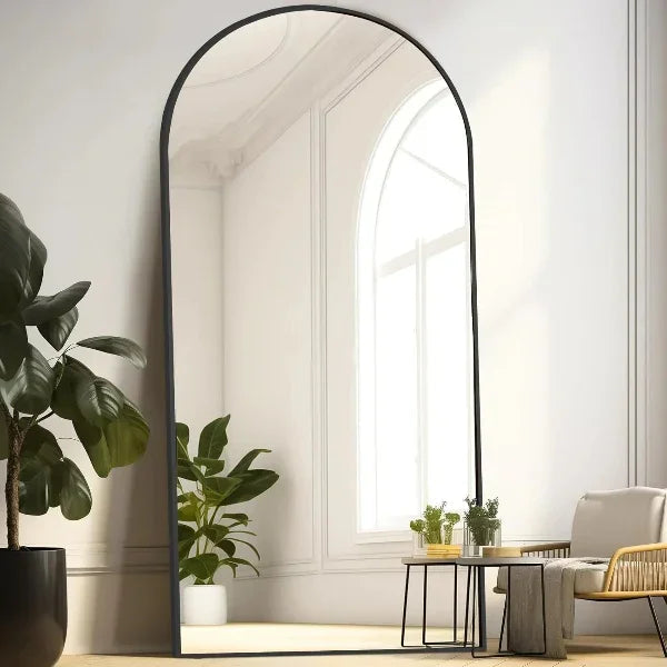 MELOMOIR Arched Floor Mirror, Leaning Hanging Mirror with Aluminum Frame, for Living Room, Bedroom, Cloakroom, Hallway, Black