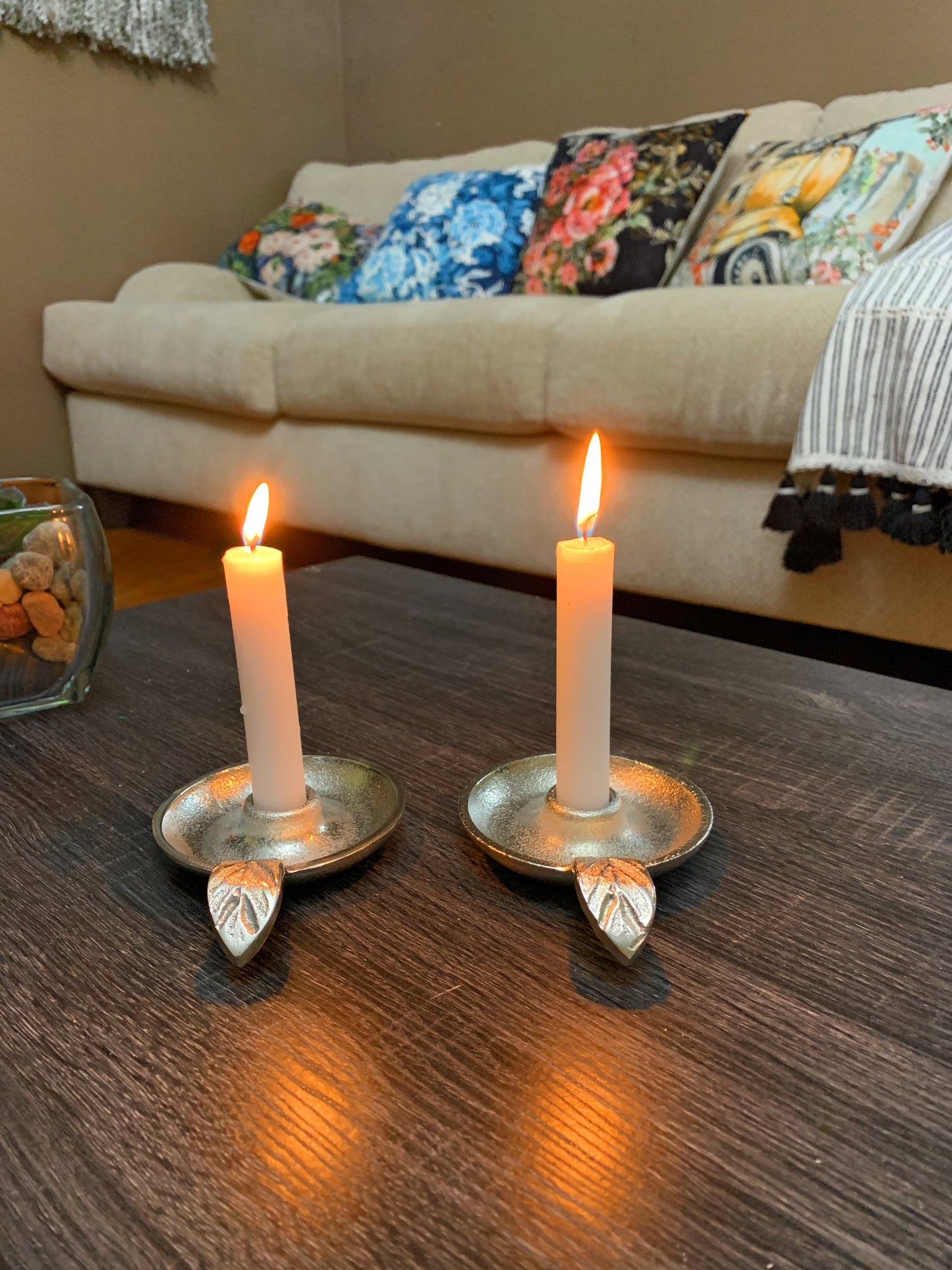 Silver Taper Candlestick Holder Dish, Set of 2