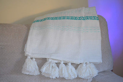 Hand Woven Throw Turquoise & White