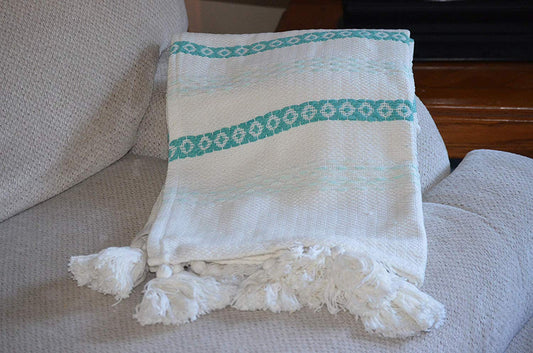 Hand Woven Throw Turquoise & White