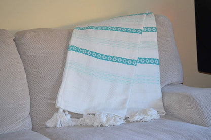 Hand Woven Throw Turquoise & White