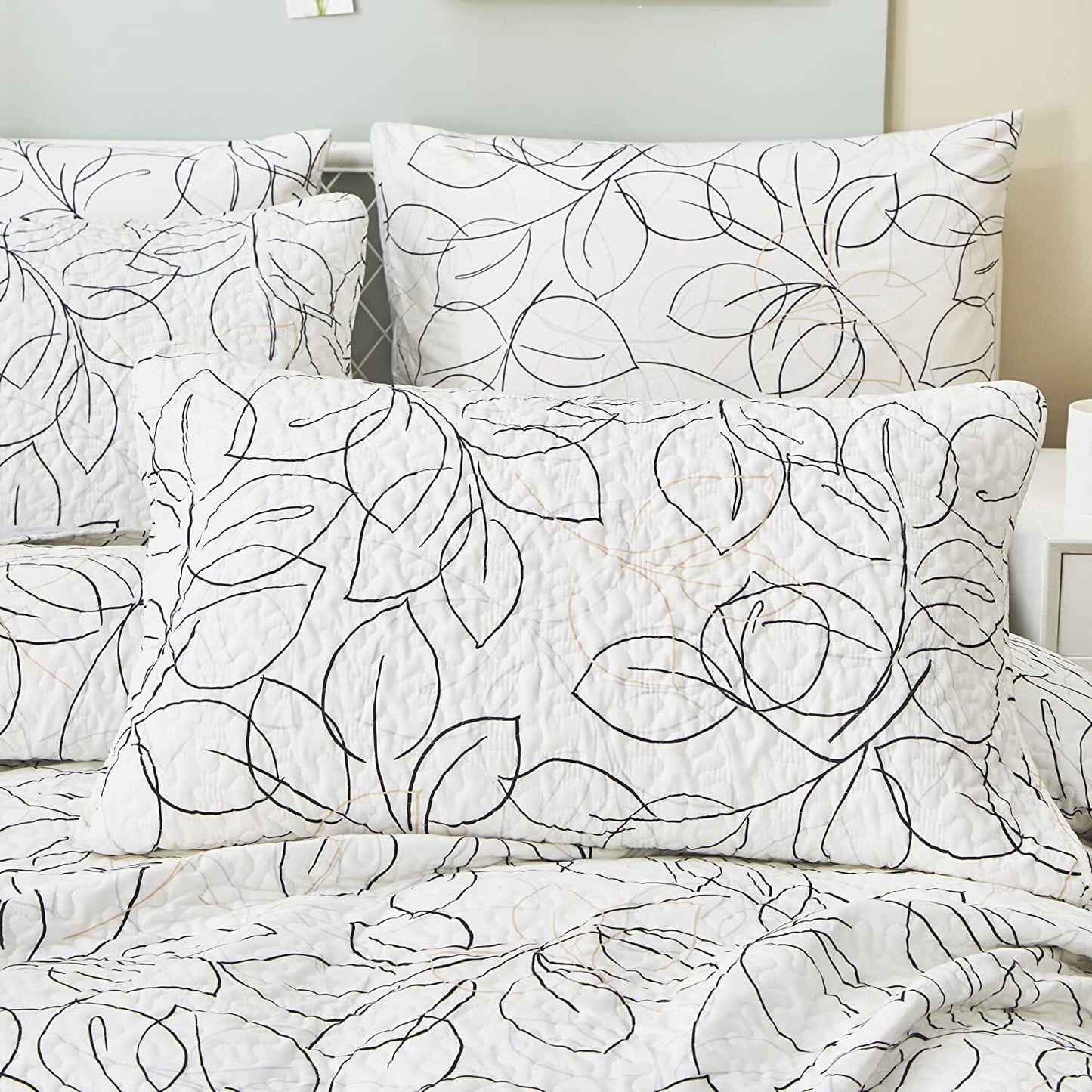 Abstract Leaf Line Art Foliage White Grey Black Gold Pillow Shams