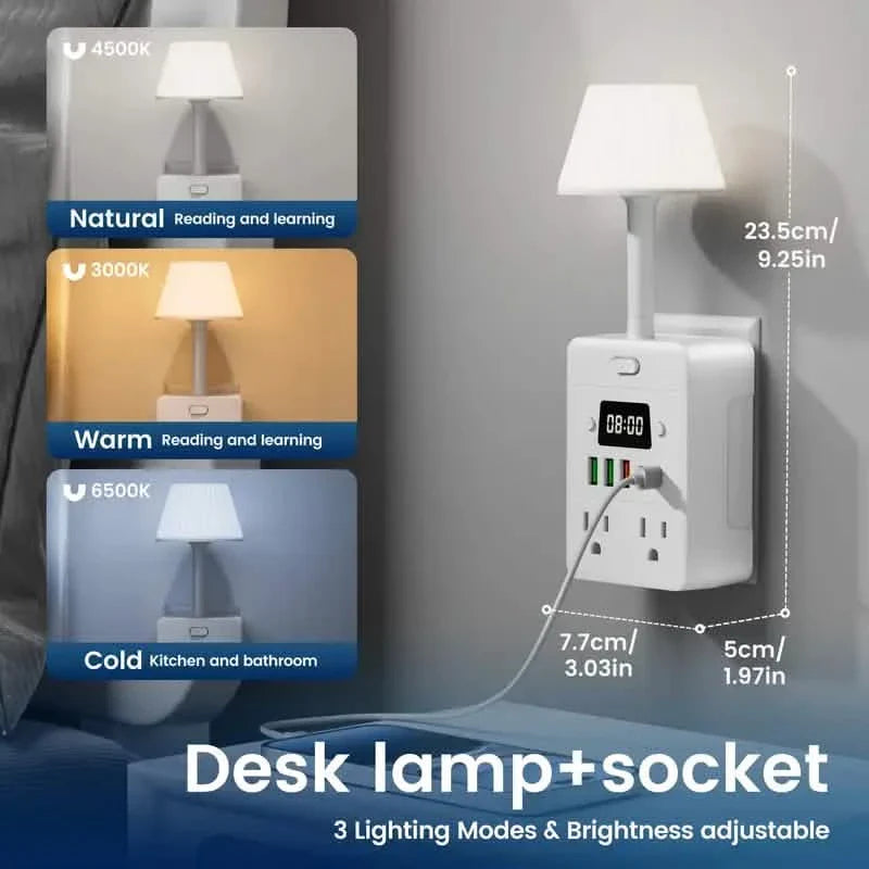 Power Strip with Desk Lamp, Clock, USB & Surge Protection