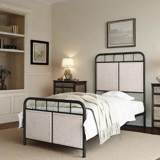 Twin Size Linen Upholstered Platform Metal Bed Frame with Fabric Headboard and Footboard