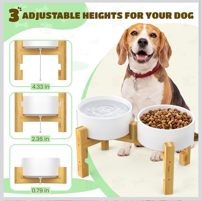 Elevated Ceramic Dog Bowl Set Bamboo Stand 44oz Adjustable Height 2pc
