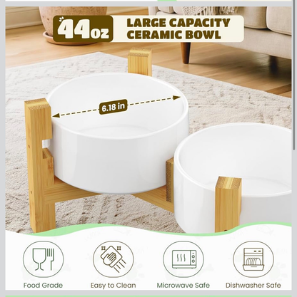 Elevated Ceramic Dog Bowl Set Bamboo Stand 44oz Adjustable Height 2pc
