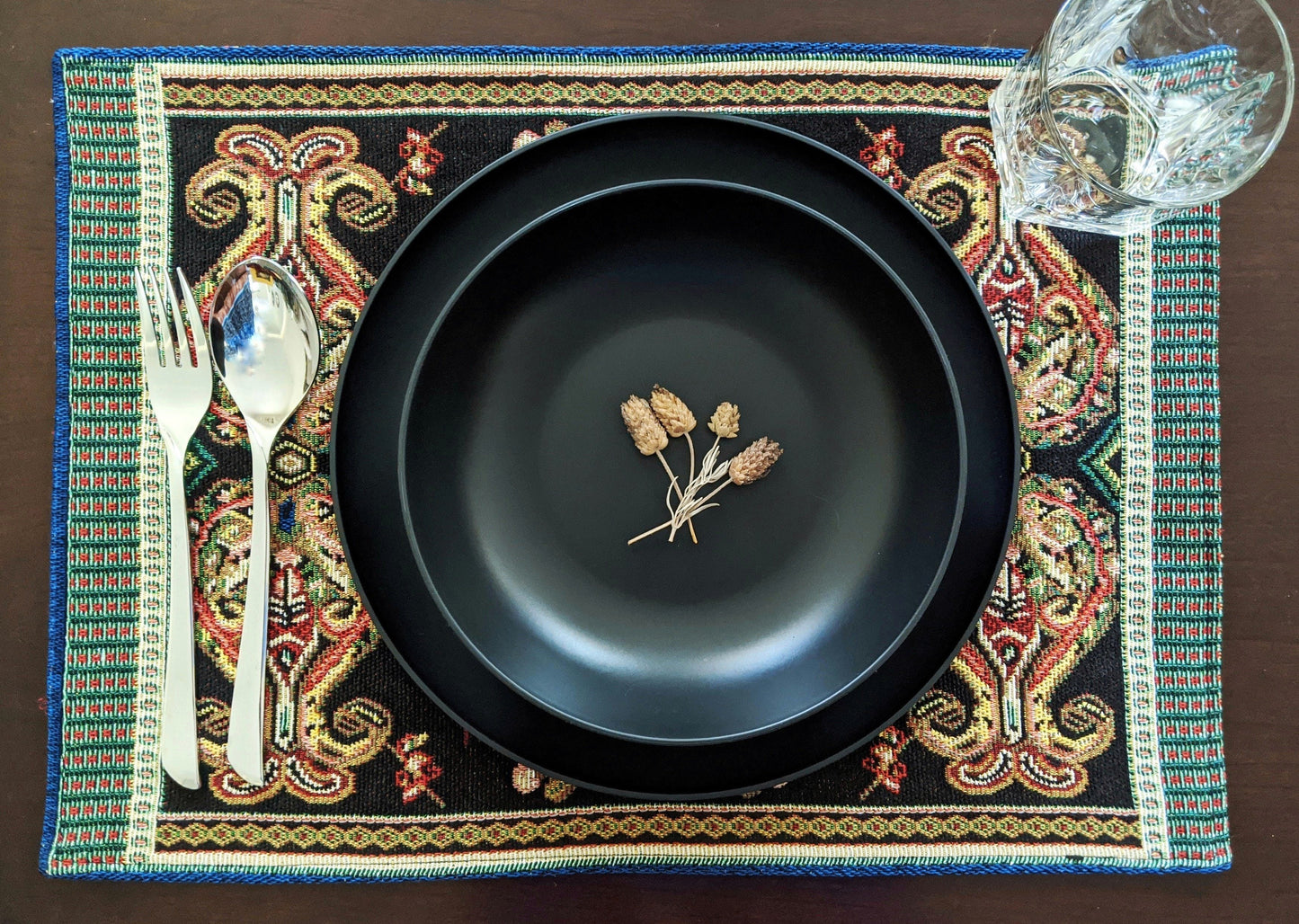 Black Ornate Paisley Woven Tapestry Placemat Set