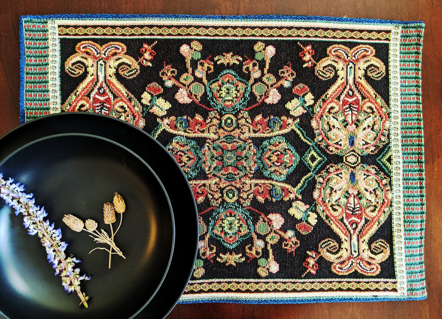 Black Ornate Paisley Woven Tapestry Placemat Set