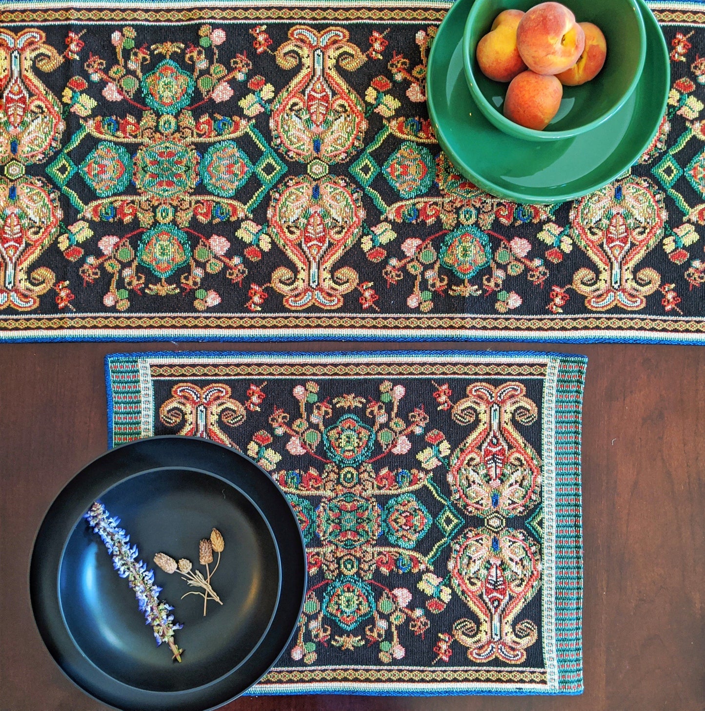 Black Ornate Paisley Woven Tapestry Placemat Set